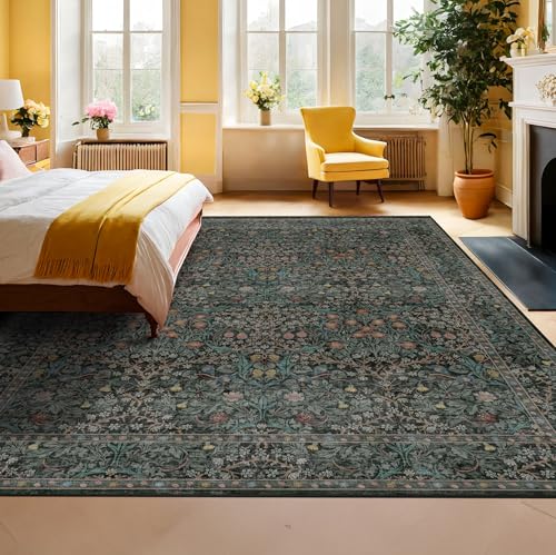 Image of Vintage Dark Green Living Room Rug, 8x10 Washable Area Rugs for Dining Room Under Kitchen Table, Bedroom, Oriental Low Pile Stain Resistant Non-Slip Large Carpet (8x10 Dark Green)
