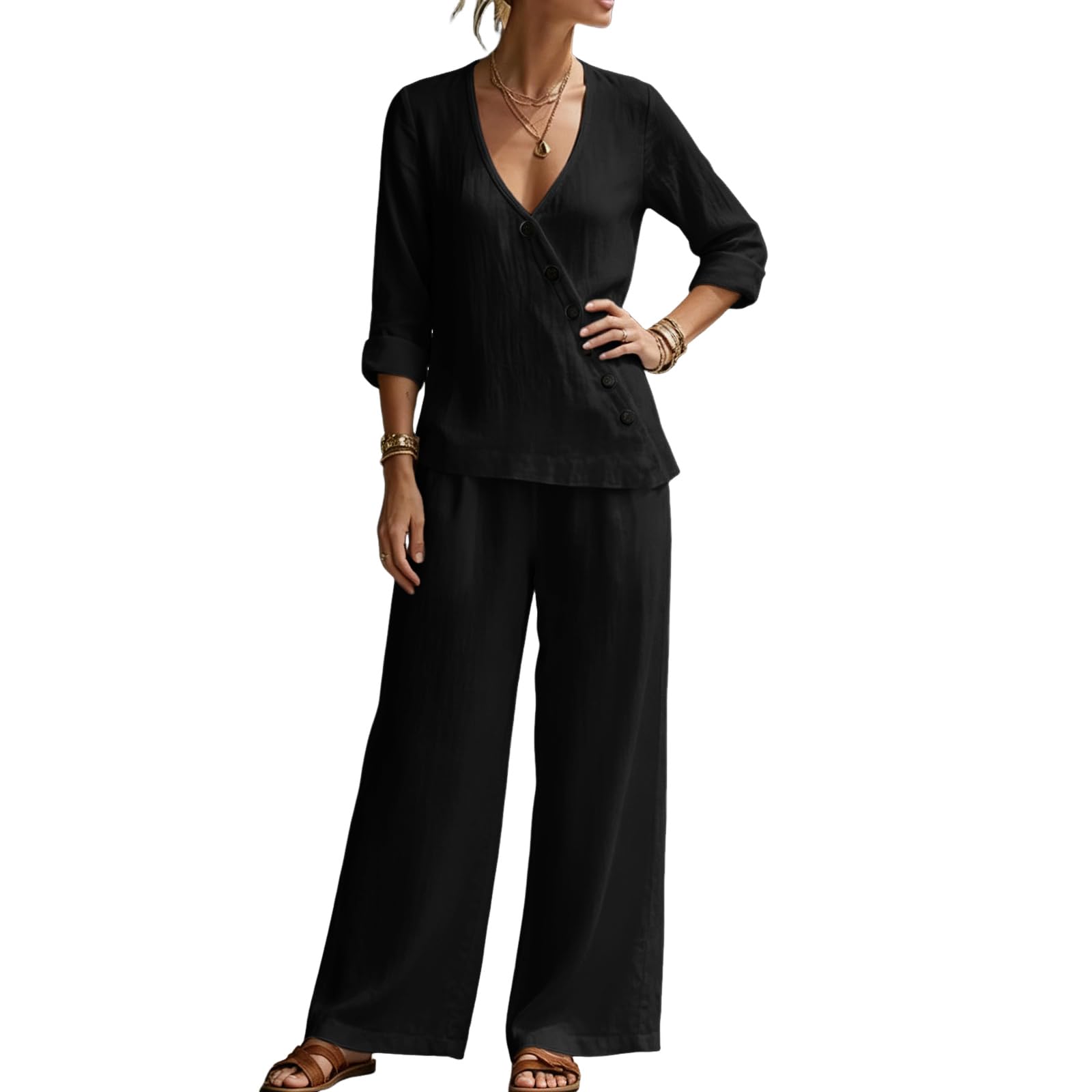 Completo Donna Elegante Lino Estiva Due Pezzi Tuta Completa Taglie Forti Tuta Tinta Unita 3/4 Blusa e Pantaloni Gamba Larga con Tasche Casual Completi Comodo Morbido Camicia Scollo a V Eleganti