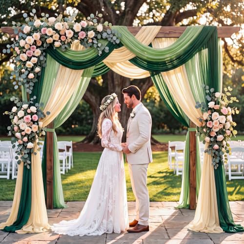 Image of Sage Green Wedding Arch Draping Fabric 3 Panels Drapes 2.46 x 20ft Sheer Chiffon Fabric Backdrop for Wedding Ceremony Birthday Party Bridal Shower Decoration