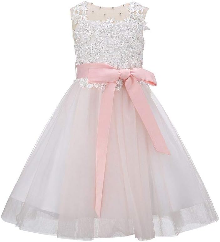 Bow DreamLace Vintage Flower Girl's Dress Tulle Sleeveless Blush Pink 4T