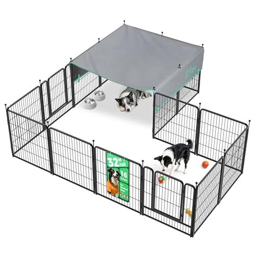 Image of FXW Rollick Unleashed Dog Playpen for Indoor, Yard, RV Camping, 32 inch 16 Panels Dog Pen with Sun Shade for Small and Medium Dogs, Black│Patented