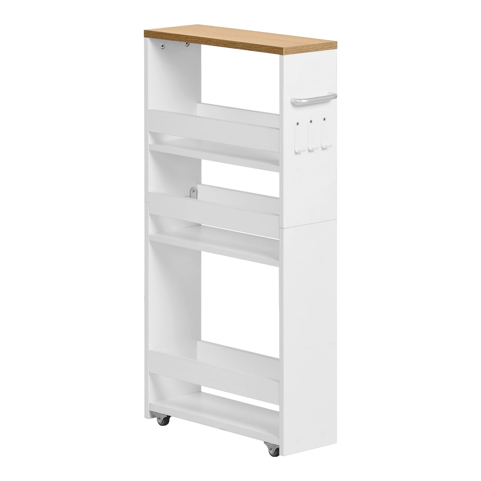 Carrito de Cocina de 4 Niveles, Carro Auxiliar Estrecho con Ruedas, Estante Nicho con Asa, Mueble de Almacenaje Ahorra Espacio para Cocina, Baño, Oficina, 40x15x80cm, Blanco+Roble Claro