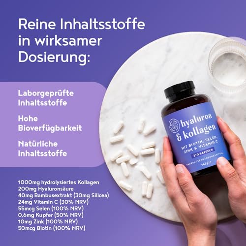 Hyaluron & Kollagen Komplex | 270 Kapseln | Hochdosiert mit Hyaluronsäure, Biotin, Selen, Zink, Vitamin C & Bambusextrakt | Hyaluron Collagen Complex | Haut, Haare, Nägel | Alpha Foods