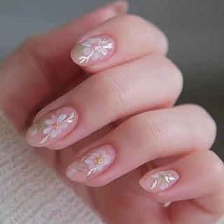 Press on Nails Short Almond Fake Nails with Fresh flowers Design Glossy Stick on Nails Acrylic Full Cover Cute Floral Glue on Nails Almond False Nails for Women Girls - 30pcs
