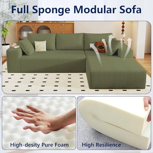 Image of 96 inch Modular Sectional Sofa, Modern Corduroy Cloud Couch with Deep Seat, Boneless Couch Upholstered 3-Seater L-Shaped Sofa for Living Room, No Assembly Required (Green, Right-Facing Chaise)