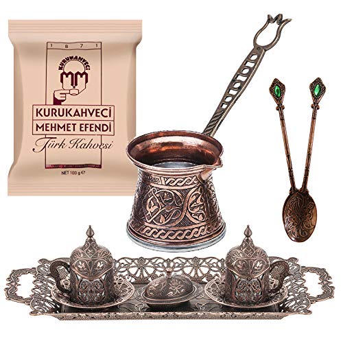 Copper Design Turkish Greek Arab Coffee Espresso Set for Serving - Porcelain Cups With Large Tray Saucers Pot Sugar Bowl - Vintage Silver Engraved Embroidered Design - Ottoman Arabic Gift Set