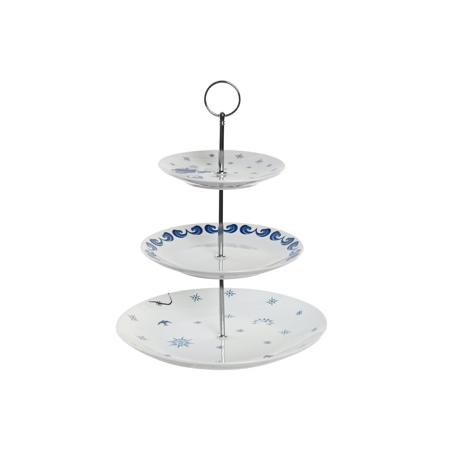 Frutero de porcelana azul de 3 pisos con metal elegante para mesa