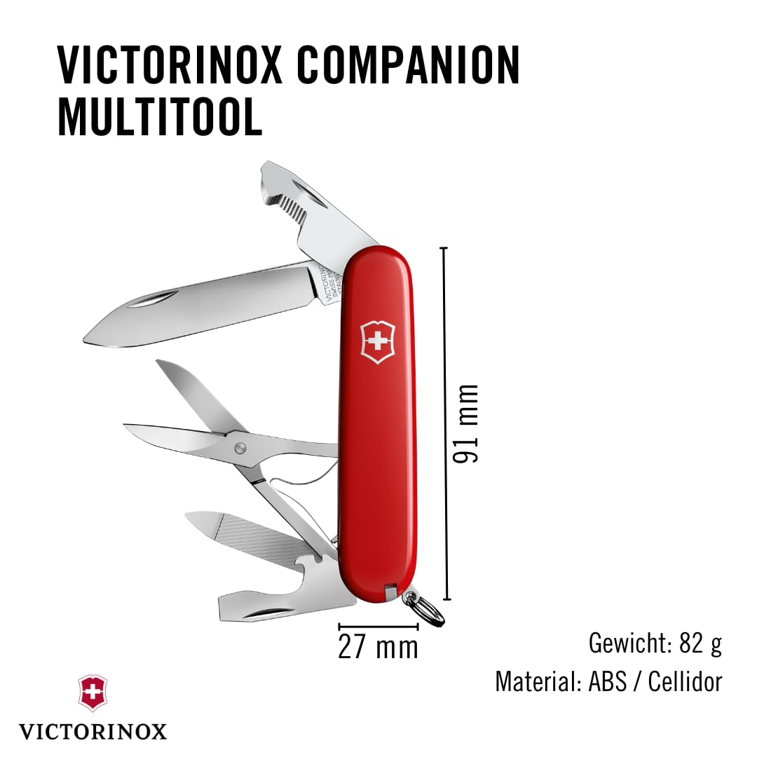 Victorinox Taschenmesser Companion, 16 Funktionen, Multitool, Taschenwerkzeug, Inkl. Schere, Schraubendreher, Kugelschreiber, Swiss Made, Rot | Schweizer Armeemesser | Mittleres Schweizer Taschenmesser | kleines Taschenmesser für Herren | Alltag
