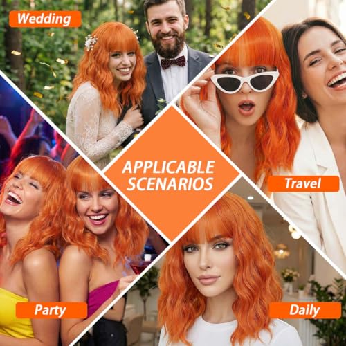 Image of Pastel Ginger Wavy Bob Wig for Women, Short Shoulder Length Synthetic Wig with Bangs, Matte Natural Realistic Look Lightweight Hairpiece, Ginger Color for Daily Wear & Cosplay Costume