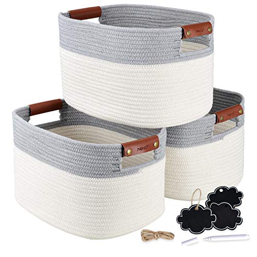 NaturaClo Cotton Rope Storage Basket Set of 3 | Decorative Woven Basket W Leather Basket Handles & Chalk Tags |Woven Baskets for Storage, Baby Diapers and Toy Organizer | Size: 15  x 10  x 9  inches