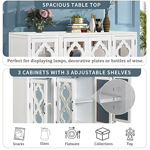 60'' Retro Mirrored Console Table Sideboard With 4 Cabinets And 3 Adjustable Shelves, Large Storage Cabinet Free Stand Kitchen Buffet Server Cabinet For Entryway/Living Room/Dining Room (White-59.8'') #TOP4