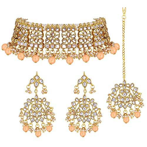 Image of Aheli Elegant Indian Faux Kundan Studded Choker Necklace with Maang Tikka Set Ethnic Wedding Wear Bharatanatyam jewellery set Gift for Women
