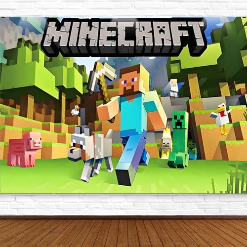 Pixel Miner Style Birthday Decorations Video Game Backdrop Banner Shoot Photo Backgrounds Props Birthday Party Supplies for Boys (5x3ft)