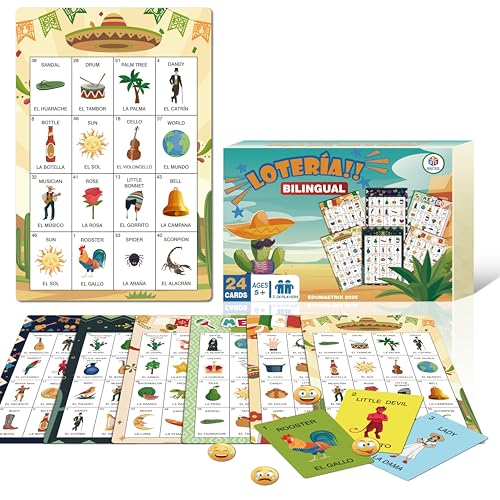 EDUMAETRIX Mexican Loteria Bingo Board Game Bilingual English Spanish 24 Game Sheets with 6 Designs for Kids Ages 5+ Adults & Seniors Learning Game for Classroom Parties & Family Night