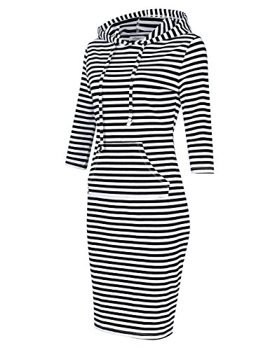 MISSKY Women's 3/4 Sleeve Cotton Knee Length Sweatshirt Dress (Black-White L)