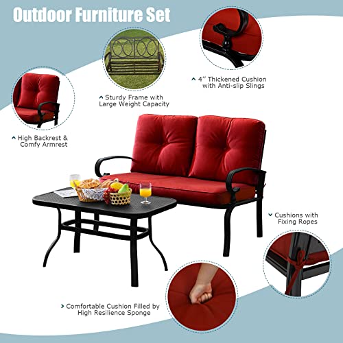 Tangkula Patio Loveseat With Table Set, 2 Seat Cushioned Sofa With Coffee Table, Patio Conversation Sofa Set With Rustproof Frame, 2 Pieces Outdoor Furniture Set For Garden, Poolside, Balcony (Red) #TOP4