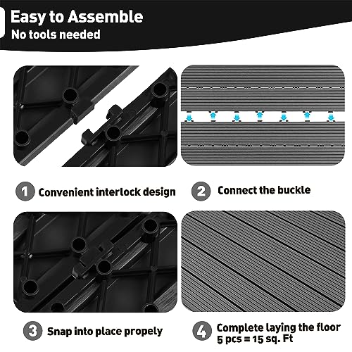 PURE ERA Wood Composite Interlocking Floor Deck Tiles Indoor Outdoor Use 12\"x36\" (5Pcs, 15 sq. Ft, Grey) - Great Upgrade to Patio Backyard Pathway - Thumbnail 2