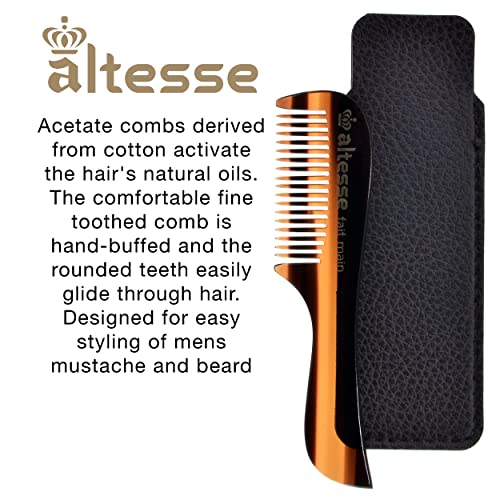 Altesse 11130 Small Fine Tooth Comb Tortoiseshell Mustache Comb For Men (4") With Pocket Comb Synthetic Leather Case. Essential Facial Hair Travel Comb For Any Beard Kit For Men. Handmade In France #TOP2