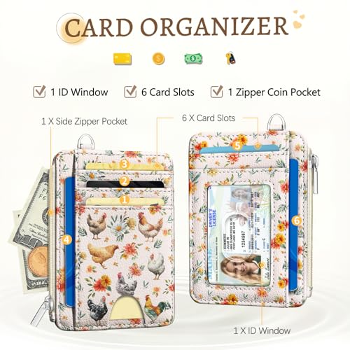 Image of Kelvoris Chicken Rooster Credit Card Holder Small Wallet Women, Flowers Slim RFID Blocking Wallet Woman Keychain with Zipper Coin Pocket, Front Pocket Thin Travel Card Case with ID Window Ladies Gifts
