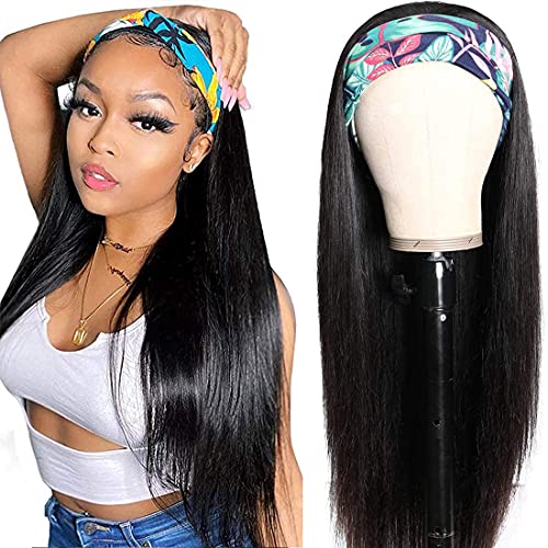 Straight Headband Wig Human Hair 18 Inch Headband Wigs for Black Women Human Hair Wigs Glueless None Lace Front Headband Wig Straight Hair Real Human Hair Easy to Wear Wigs with Headbands Attached