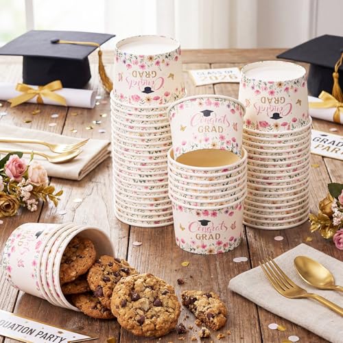 Image of Funnymoom 50 Pack Pink Wildflower Graduation Ice Cream Cups 9 oz Class of 2026 Congrats Grad Disposable Dessert Snack Cups Floral Graduation Paper Soup Bowls for College High School Party Supplies