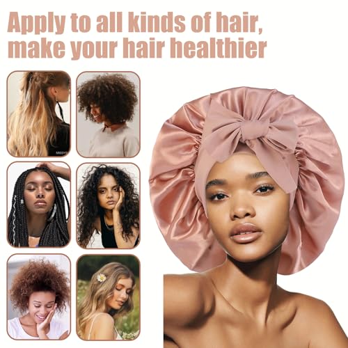 Conjunto de touca de seda de cetim para mulheres com faixa de amarração macia ajustável, touca de ca