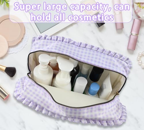 Gingham Ruffle Makeup Bag,Large Travel Cute Cosmetic Bag for Women Girls,Ruffle Pouch Toiletry Bag Make up Organizer (Purple) 5