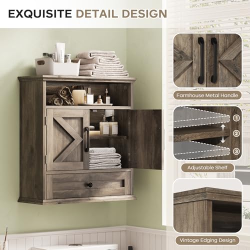 Image of Bathroom Wall Cabinet, Wall Mounted Medicine Cabinet 24.4 inchH x 23.6 inchW x 9 inchD | With Drawer, Barn Doors & Adjustable Shelf, Grey Over Toilet Farmhouse Storage Cabinet for Kitchen, Laundry Room, Entryway