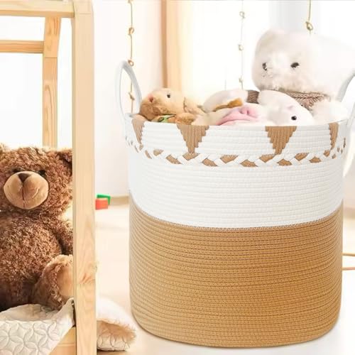 HOUNEX Panier à Linge et Rangement en Corde de Coton Naturel – Tressé à la Main, Pliable avec Poignées – Panier pour Jouets, Bébé, Linge Sale, Couvertures, Coussins (Blanc/Camel)