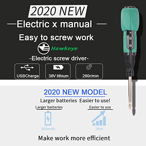 HAWKEYE Power Screwdriver Cordless Screwdriver Rechargeable 3.6V Mini Protable Electric/Manual 2-in-1 Screwdriver with Front LED, 12Pcs Precision Screwdriver Bits, USB Charging Cable