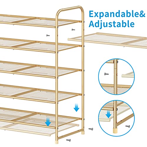 Image of Simple Trending 5-Tier Stackable Shoe Rack, Expandable & Adjustable Shoe Shelf Storage Organizer, Metal Mesh, Gold