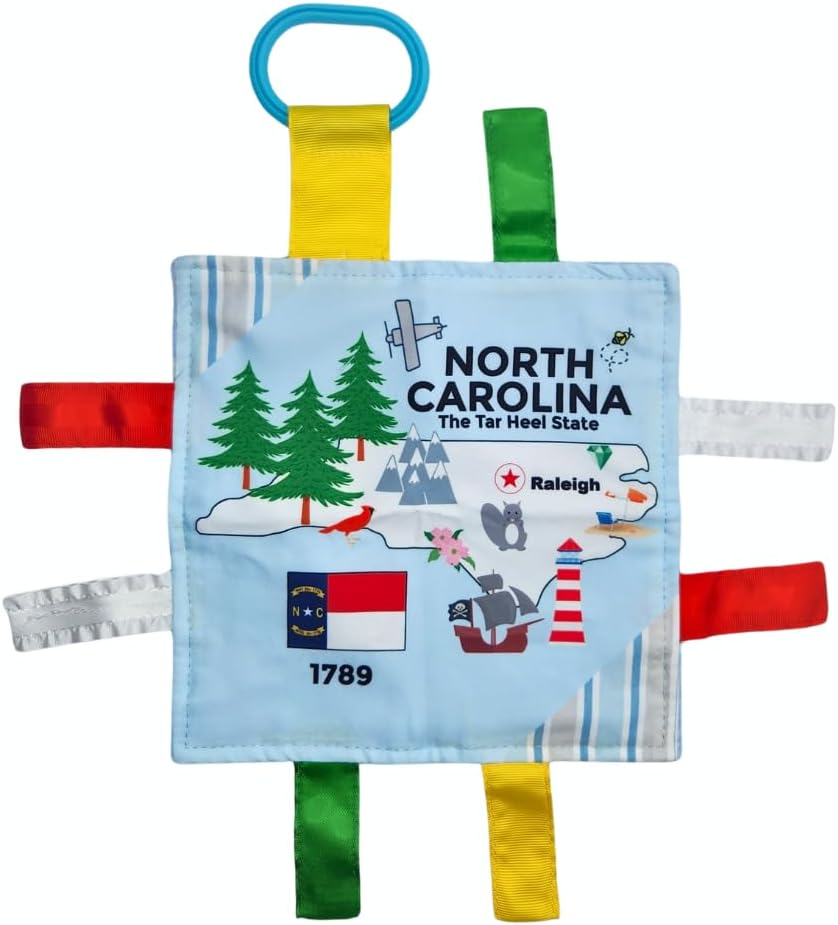 Baby Jack & Co 8x8” Learning Lovey Arkansas State Tag Stroller Toy for Babies - Crinkle Toys for Developing Five Senses - Learn About Capitals - Travel with Baby Jack - BPA Free Clip