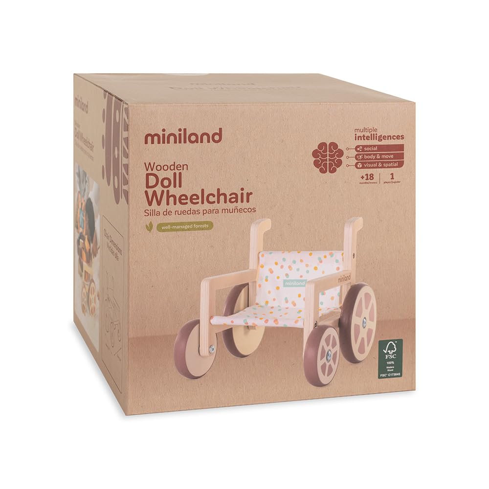 Miniland Fauteuil Roulant en matériaux écologiques pour poupées jusqu'à 38 centimètres. Inclusion.