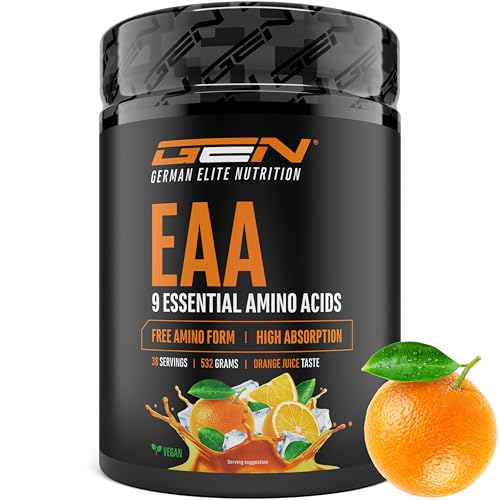 EAA en polvo 532 g - Los 9 aminoácidos esenciales, incluyendo histidina y BCAA - Fórmula Human Code - Bebida Amino Workout - Super soluble - Vegano (Zumo de Naranja)
