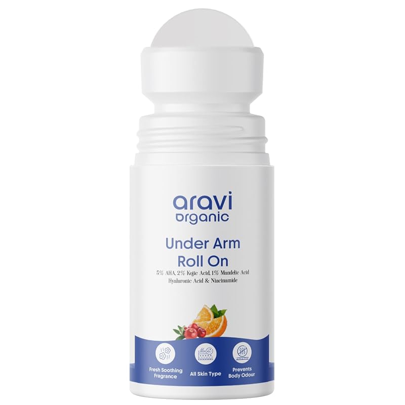 Desodorante roll-on para axilas Aravi Organic com 5% AHA, 2% ácido kójico e 1% ácido mandélico, sem álcool e alumínio, 50 mL