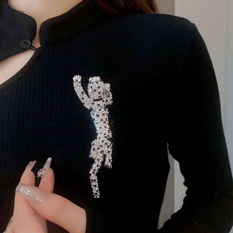 Image of Rhinestone Leopard Brooch Pin Retro Crystal Enamel Animal Cheetah Shoulder Brooch for Men Women
