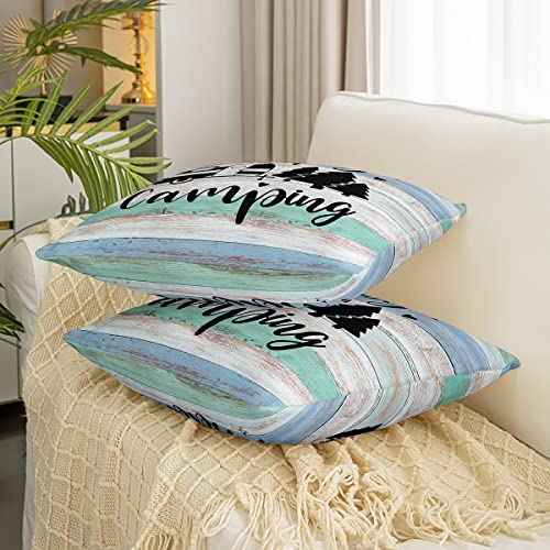 Rv Campers Reversible Print Pillow Cover,Happy Camping Trailer Pillowcase Soft Square 18"X18" Cushion Case,Rustic Farmhouse Style Wooden Board Throw Pillow Covers For Living Room Decor #TOP2