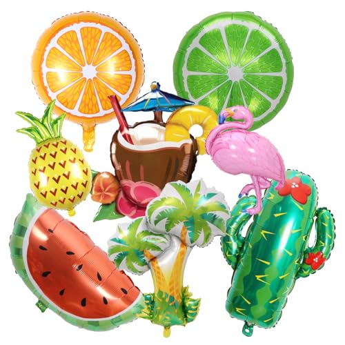 AYNKH Hawaiian Balloons Tropical Style Foil Balloon Pink Flamingo Palm Tree Cactus Coconut Orange Watermelon Lemon Golden Pineapple Summer Bar Decorations for Hawaiian Beach Pool Party