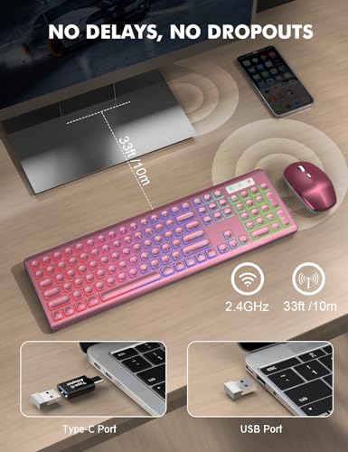 Image of Wireless Keyboard and Mouse Combo, RGB Backlit, Rechargeable & Light Up Letters, Full-Size, Soft Typing, Sleep Mode, 2.4GHz Quiet Keyboard Set for Mac, Windows, Laptop, PC, Trueque (Wine Red)