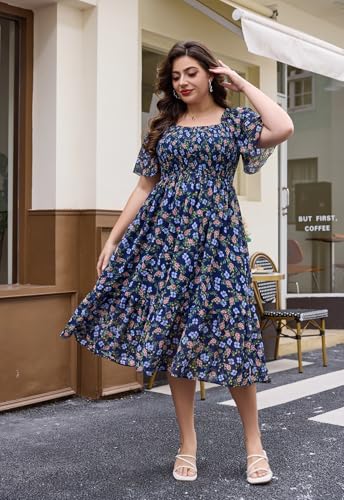 Image of Keluummi Plus Size Wedding Guest Maxi Dresses for Curvy Women, Summer Casual Boho Floral Smocked Empire Waist A Line Sundress