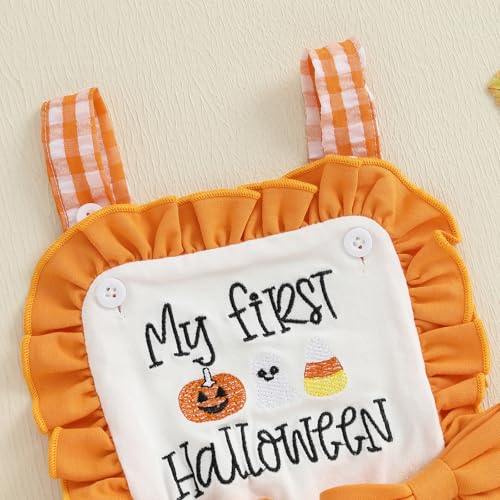 Newborn Baby Girl My First Halloween Smocked Outfit Seersucker Gingham Romper Overalls One Piece Plaid Jumpsuit4