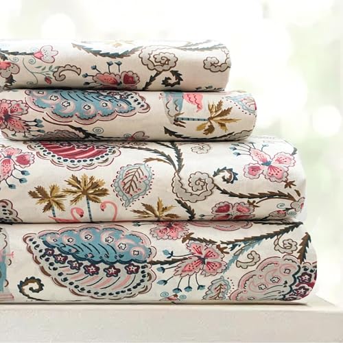 Image of ElanorHomes 240 TC Cotton Double King Size Bedsheet | Hand Printed | Ultra-Soft & Skin-Safe | Breathable Summer Comfort | 93x108 inches with 2 Pillow Covers (Flamingo Petals)