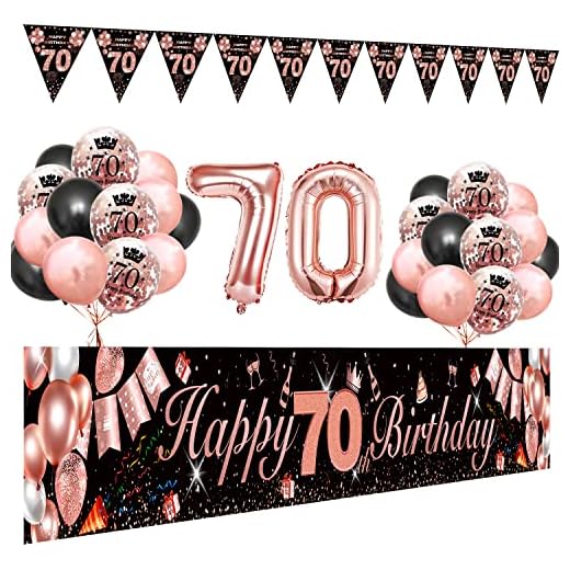 70 Cumpleaños Mujer Decoracion Globos Rosa Oro Negro, SWPEED Extra Grande Tela 70 Cumpleaños Pancarta Cartel, Globos 70 Cumpleaños Guirnalda de Banderines, 70 cumpleaños Pancarta Fondo de Fiesta