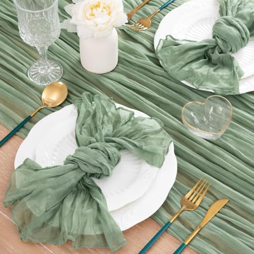 Image of MLMC Sage Green Table Runner 10ft Rustic Gauze Cheesecloth Table Runner Sage Cheese Cloth Centerpiece Decor 35x120 Inches for Boho Wedding Bridal Shower Party Decor