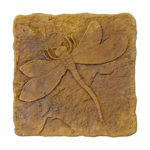 Athens Autumn Wheat Dragonfly Stepping Stone, 12” Square Concrete Garden Accent with Raised Dragonfly Design, Durable Outdoor Patio or Pathway Decor, Natural Brown Tones, Hand Cast Artisan Finish