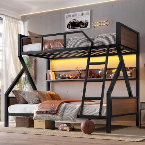 Harper & Bright Designs Metal Bunk Bed with Storage Shelves and Lights, Industrial Bunk Bed Twin Over Full with Storage Space and Slats for Bedroom, Noise-Free Design, Black