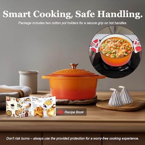 Image of Overmont Enameled Cast Iron Dutch Oven - 4.5QT Pot with Lid Cookbook & Cotton Potholders - Heavy-Duty Cookware for Braising, Stews, Roasting, Bread Baking orange