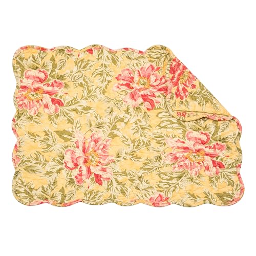 Image of Freya Green Leaves & Pink Flowers Vintage 100% Cotton Placemats 13 inch x 19 inch