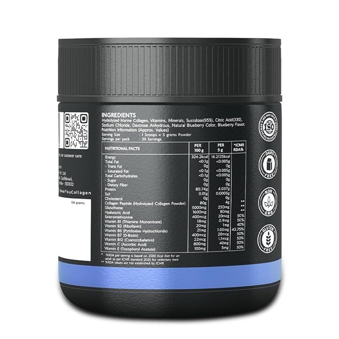 Image of NewYou Collagen Glow Marine Collagen Powder for Skin, Hair & Nail Support | With Glutathione, Biotin, Hyaluronic Acid & Vitamins B Complex, C & E | Supports Skin Hydration & Hair Health | Blueberry Flavour | 150g