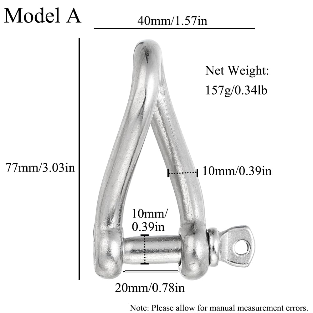 4pcs Stainless Steel Screw Pin Shackle, 12mm/0.47in Pin Diameter Marine Shackle for Sailing, 580kg/1278lb Max. Load Capacity, Silver (Models B)